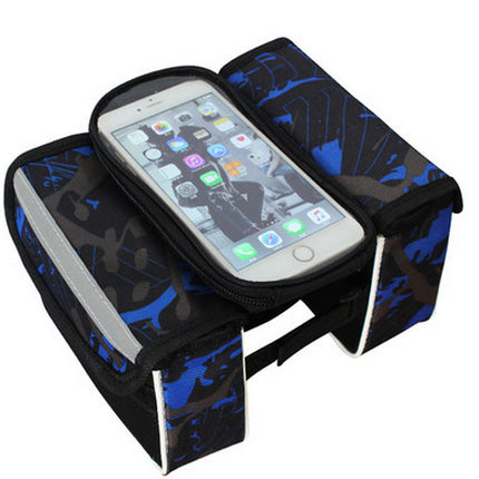 Blue Bicycle Top Tube Frame Bag with Detachable Touch Screen Phone Holder Waterproof Double Pouch Cycling Saddle Bag for Mountain Bikes