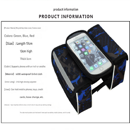 Blue Bicycle Top Tube Frame Bag with Detachable Touch Screen Phone Holder Waterproof Double Pouch Cycling Saddle Bag for Mountain Bikes