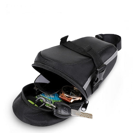 Black Water Resistant Bicycle Saddle Bag Under Seat Wedge Pack with Reflective Strip and Quick Release Strap for MTB Road Bikes