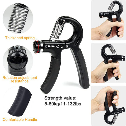 Black 5 in 1 Hand Grip Strengthener Kit Adjustable Resistance Finger Stretcher Stress Relief Ball and Grip Ring for Rehabilitation and Muscle Building