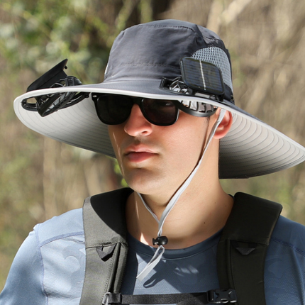 Dark Grey Dual Solar Fan Hat with Rechargeable Battery - Wide Brim UPF 50+ Sun Protection Bucket Hat for Fishing & Outdoor Work
