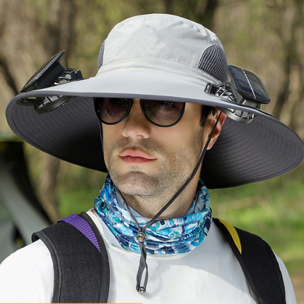 Light Grey Dual Solar Fan Hat with Rechargeable Battery - Wide Brim UPF 50+ Sun Protection Bucket Hat for Fishing & Outdoor Work