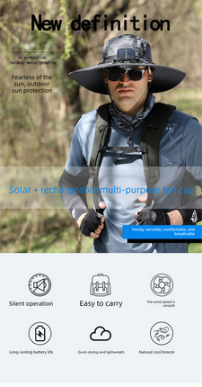 Black Dual Solar Fan Hat with Rechargeable Battery - Wide Brim UPF 50+ Sun Protection Bucket Hat for Fishing & Outdoor Work