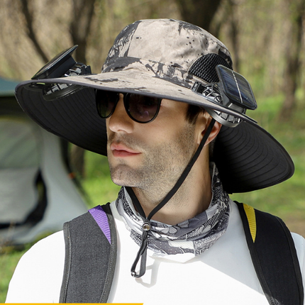 Dual Solar Fan Hat with Rechargeable Battery - Wide Brim UPF 50+ Sun Protection Bucket Hat - Khaki Ink Pattern for Fishing & Camping