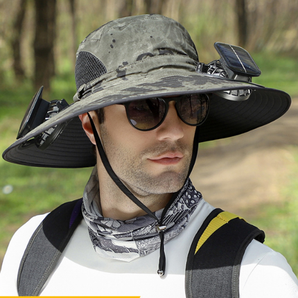 Dual Solar Fan Hat with Rechargeable Battery - Wide Brim UPF 50+ Sun Protection Bucket Hat - Green Ink Pattern for Fishing & Camping
