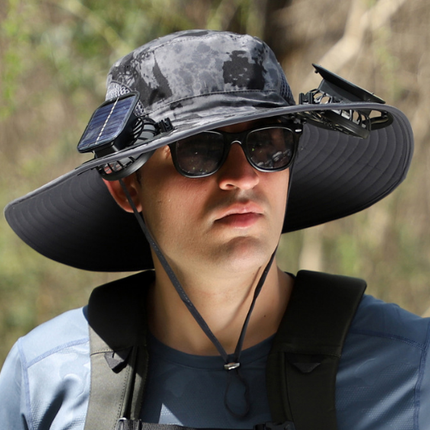 Dual Solar Fan Hat with Rechargeable Battery - Wide Brim UPF 50+ Sun Protection Bucket Hat - Dark Grey Ink Ink Pattern for Fishing & Camping