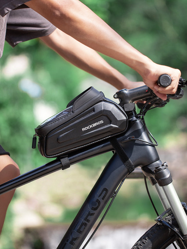 ROCKBROS Hard Shell Bike Top Tube Bag - Waterproof Cycling Frame Pouch with TPU Touchscreen Phone Holder & Sun Visor - 1.7L Large Capacity for MTB & Road Bikes - Black