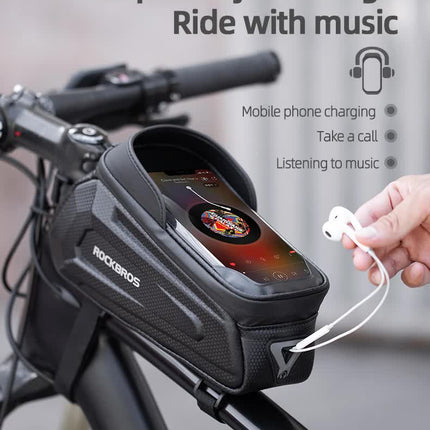 ROCKBROS Hard Shell Bike Top Tube Bag - Waterproof Cycling Frame Pouch with TPU Touchscreen Phone Holder & Sun Visor - 1.7L Large Capacity for MTB & Road Bikes - Black