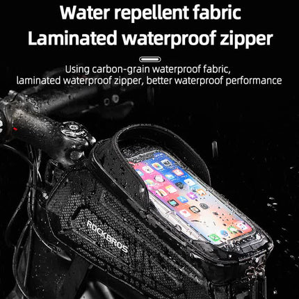 ROCKBROS Hard Shell Bike Top Tube Bag - Waterproof Cycling Frame Pouch with TPU Touchscreen Phone Holder & Sun Visor - 1.7L Large Capacity for MTB & Road Bikes - Black