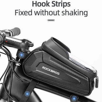 ROCKBROS Hard Shell Bike Top Tube Bag - Waterproof Cycling Frame Pouch with TPU Touchscreen Phone Holder & Sun Visor - 1.7L Large Capacity for MTB & Road Bikes - Black