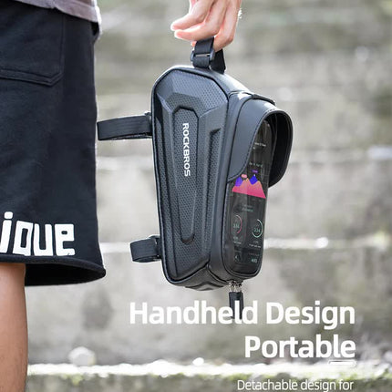 ROCKBROS Hard Shell Bike Top Tube Bag - Waterproof Cycling Frame Pouch with TPU Touchscreen Phone Holder & Sun Visor - 1.7L Large Capacity for MTB & Road Bikes - Black