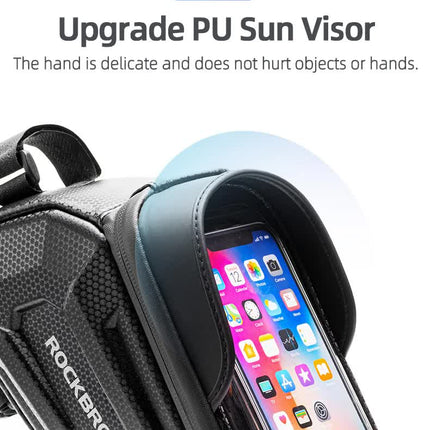 ROCKBROS Hard Shell Bike Top Tube Bag - Waterproof Cycling Frame Pouch with TPU Touchscreen Phone Holder & Sun Visor - 1.7L Large Capacity for MTB & Road Bikes - Black