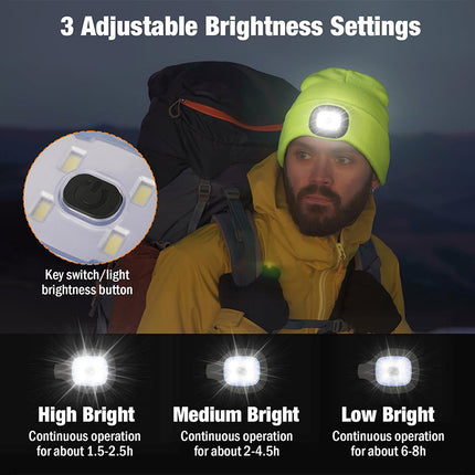 Black Removable LED Bluetooth Headphone Beanie - Washable Knit Hat with 3-Level LED Illumination & Stereo Sound, USB Rechargeable