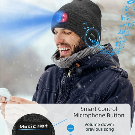Black Removable LED Bluetooth Headphone Beanie - Washable Knit Hat with 3-Level LED Illumination & Stereo Sound, USB Rechargeable