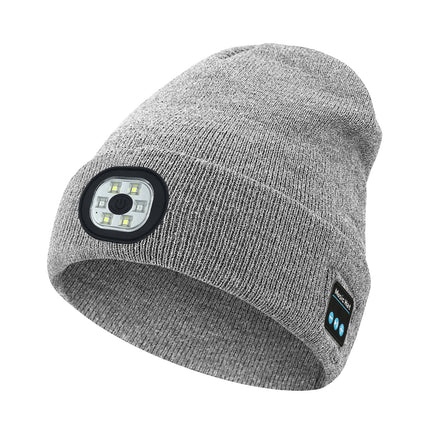 Light Grey Removable LED Bluetooth Headphone Beanie - Washable Knit Hat with 3-Level LED Illumination & Stereo Sound, USB Rechargeable