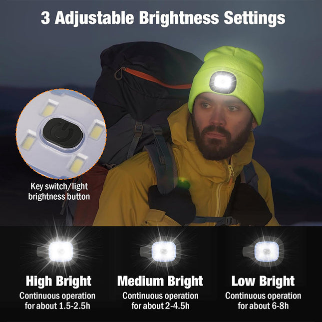 Light Grey Removable LED Bluetooth Headphone Beanie - Washable Knit Hat with 3-Level LED Illumination & Stereo Sound, USB Rechargeable