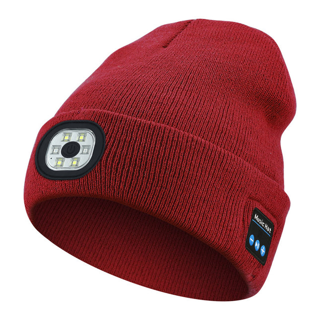 Red Removable LED Bluetooth Headphone Beanie - Washable Knit Hat with 3-Level LED Illumination & Stereo Sound, USB Rechargeable