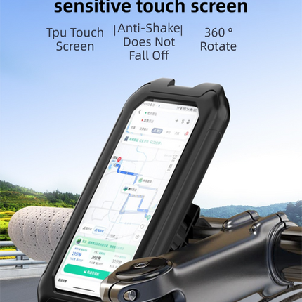 Black Bicycle Waterproof Phone Holder - Handlebar Mount with Sensitive Touch Screen, Anti-Drop & 360° Rotation Case for Navigation (Up to 7-inch Phones)