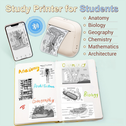 White X6 Mini Portable Bluetooth Instant Photo & Note Printer for Students - Deluxe 20-Piece Gift Set with 12 Paper Rolls, Color Pens & Storage Bag