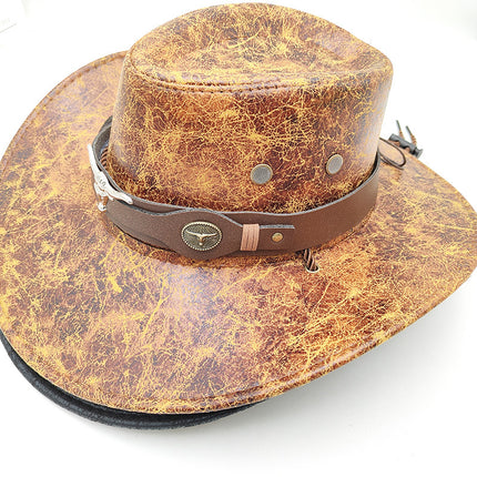 Retro Western Cowboy Hat Khaki Distressed Crackle Finish Bull Head Emblem Wide Brim Sun Protection Outback Bush Hat for Men Women L 58-60cm
