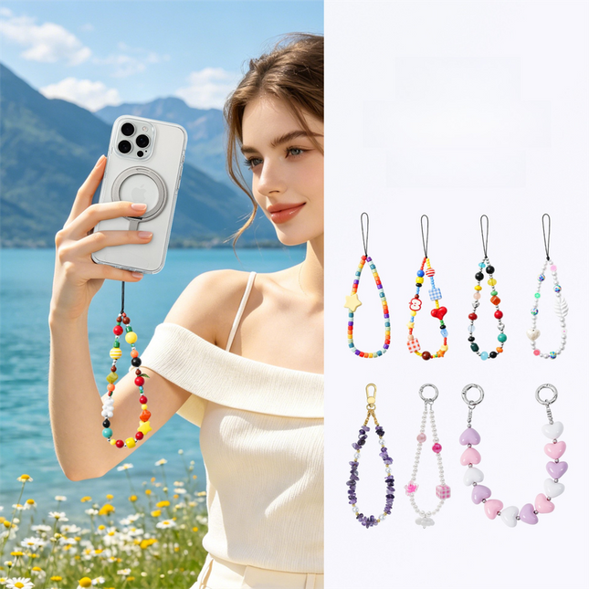 YKA-9 Trendy Double-Clasp Beaded Phone Wrist Strap - Colorful Acrylic & Metal Anti-Loss Lanyard with Spacer Gift