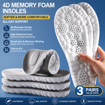 3 Pairs Grey 4D Cloud Insoles for Men and Women Insoles Super Soft Anti-Fatigue, Shock Absorption, Relieve Foot Pain  (AU 18–19)
