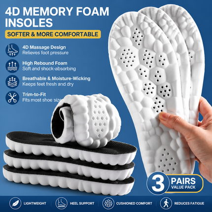 3 Pairs Black 4D Cloud Insoles for Men and Women Insoles Super Soft Anti-Fatigue, Shock Absorption, Relieve Foot Pain  (AU 18–19)