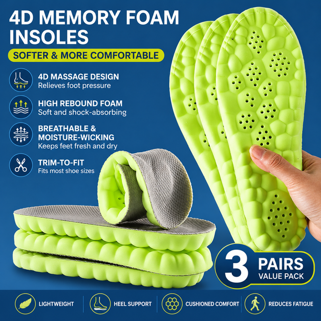 3 Pairs Green and Grey 4D Cloud Insoles for Men and Women Insoles Super Soft Anti-Fatigue, Shock Absorption, Relieve Foot Pain  (AU 14–15)