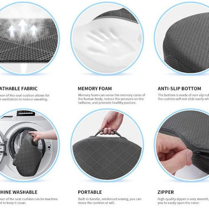 Black Ergonomic Memory Foam U-Shaped Seat Cushion - Breathable Orthopedic Pressure Relief Pillow with ZIpper Cover & Handle (45 x 36 CM)