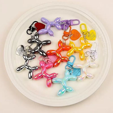 2-Piece Silver Balloon Dog Keychain Set with Heart Charm Bag Pendant Cute Couple Gift