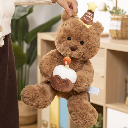 30cm Birthday Cake Teddy Bear Plush Toy - Soft Hugging Pillow with Party Hat(Bear with a Cake)