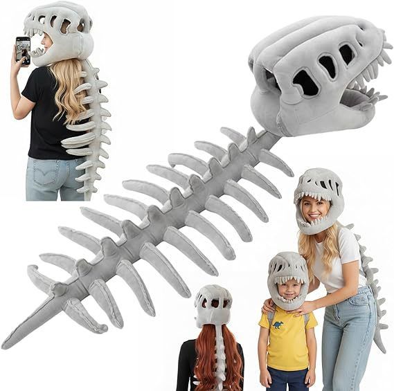 120CM White Funny Dinosaur Skeleton Plush Headwear – Quirky Bone Fossil Plushie Hat & Huggable Doll for Party Costumes and Birthday Gifts