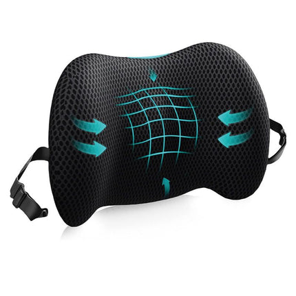 Black Ergonomic Memory Foam Lumbar Support Pillow and Back Cushion - Big Ear Contoured Design, Breathable Cover & Adjustable Strap for Office Car Seats, 17.9 x 10.23 x 4.33"