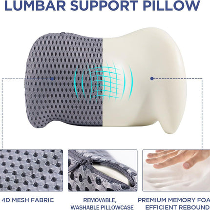 Black Ergonomic Memory Foam Lumbar Support Pillow and Back Cushion - Big Ear Contoured Design, Breathable Cover & Adjustable Strap for Office Car Seats, 17.9 x 10.23 x 4.33"