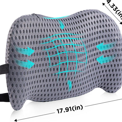 Black Ergonomic Memory Foam Lumbar Support Pillow and Back Cushion - Big Ear Contoured Design, Breathable Cover & Adjustable Strap for Office Car Seats, 17.9 x 10.23 x 4.33"