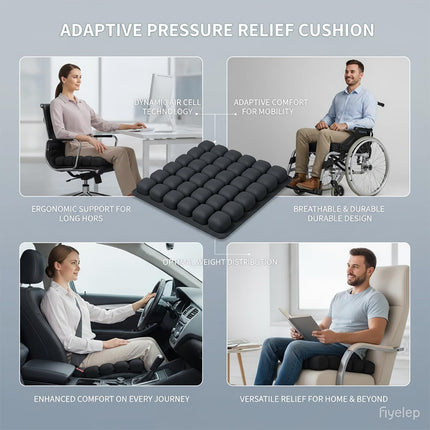 Dark Grey Portable 3D Aircell Travel Inflatable Seat Cushion with Built-in Pump – 36 Airbags Ergonomic Pressure Relief Pad with Lycra Cover & Non-Slip Base for Office Car Flight Long Sitting