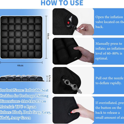 Bohemian Style Portable 3D Aircell Travel Inflatable Seat Cushion with Built-in Pump – 36 Airbags Ergonomic Pressure Relief Pad with Lycra Cover & Non-Slip Base for Office Car Flight Long Sitting