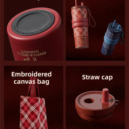 Beige British Equestrian Plaid 710ML Insulated Travel Mug with Dual-Drink Lid, Straw & Straw Cap - 316 Stainless Steel Car Coffee Tumbler with Tea Water Separator Ball and Matching Protective Sleeve (Delux Gift Box)