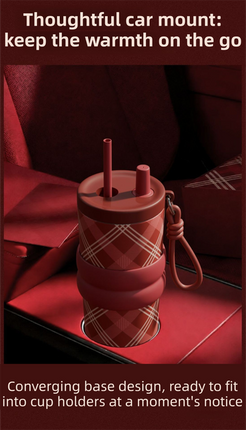 Red British Equestrian Plaid 710ML Insulated Travel Mug with Dual-Drink Lid, Straw & Straw Cap - 316 Stainless Steel Car Coffee Tumbler with Tea Water Separator Ball and Matching Protective Sleeve (Delux Gift Box)