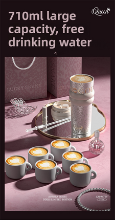 710ML Silver Luxury Gradient Textured Aurora Starry Night Insulated Travel Mug (Bow Pendant Gift Box) – 316 Stainless Steel Car Coffee Tumbler with Pop-Up Straw Dual Lid, Sinking Tea Infuser Ball and Cup Sleeve
