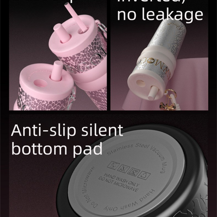 710ML Black Luxury Gradient Textured Aurora Starry Night Insulated Travel Mug (Bow Pendant Gift Box) – Ceramic Liner Car Coffee Tumbler with Pop-Up Straw Dual Lid, Sinking Tea Infuser Ball and Cup Sleeve