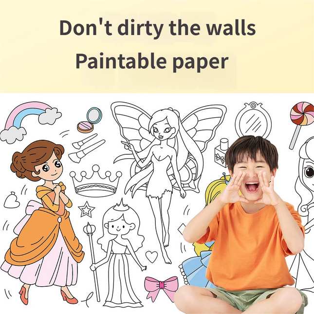 3M Extra Long Kids Reusable Coloring Paper Roll, Lovely Princess Theme Self-Adhesive Wall Coloring Poster and DIY Cuttable Drawing Craft Paper Scroll with Gift Box