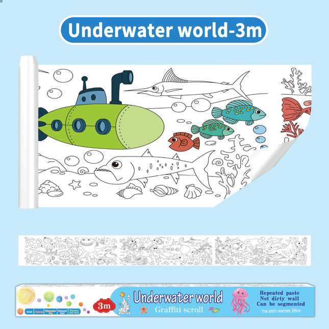 3M Extra Long Kids Reusable Coloring Paper Roll, Ocean World Theme Self-Adhesive Wall Coloring Poster and DIY Cuttable Drawing Craft Paper Scroll with Gift Box