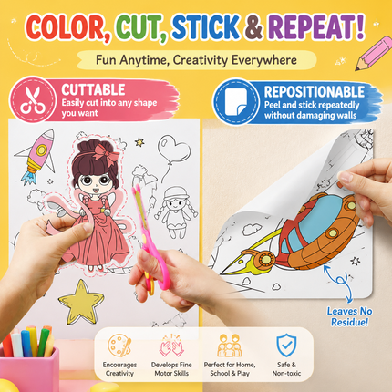 3M Extra Long Kids Reusable Coloring Paper Roll, Transportation Theme Self-Adhesive Wall Coloring Poster and DIY Cuttable Drawing Craft Paper Scroll with Gift Box