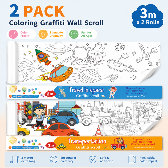 3M Extra Long Kids Reusable Coloring Paper Roll 2 Pack, Space Adventure + Transportation Theme Self-Adhesive Wall Coloring Poster and DIY Cuttable Drawing Craft Paper Scroll with Gift Box