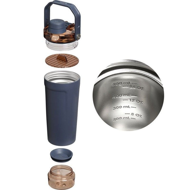 Green Sports Nutritional Drinkware Set with 16oz Stainless Steel Protein Shaker Bottle and Sliding Anti-spill Scoop - Vacuum Insulated Gym Flask with Detachable Bottom Storage Capsule and Quick-Open Lid, Filter Net & Portable Handle for Gym and Outdoor Wo