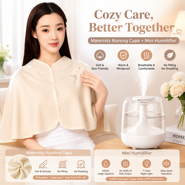 2 pcs Relaxing Winter Set - Beige Nursing Cape and White Mini Humidifier Soothing – Soft Postpartum Shawl & 650ml USB Air Humidifier for Home Comfort，Relax Self Care Present for Women