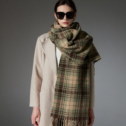 Striped Wool-Blend Beanie & Plaid Fringed Scarf Set — Soft Knit Hat (36 x 26 cm) and Oversized Shawl (200 x 65 cm); A Must-Have for Christmas and Cold Weather