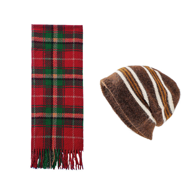 Brown + Red Striped Wool-Blend Beanie & Plaid Fringed Scarf Set — Soft Knit Hat (36 x 26 cm) and Oversized Shawl (200 x 65 cm); A Must-Have for Christmas and Cold Weather