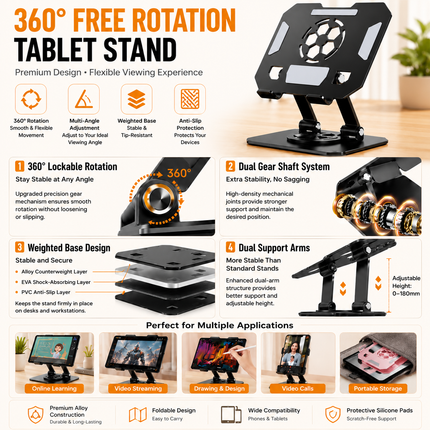 Black 360 Degree Rotating Tablet and Phone Stand Adjustable Desktop Holder Foldable Aluminium Alloy Device Stand for Video Calls Streaming Study and Office Us